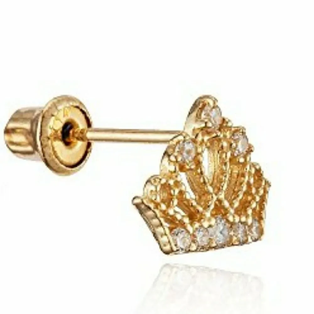 Solid 14k yellow gold princess Crown Earrings kid.